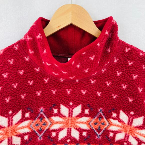 LL Bean Fleece Sweater Womens XL Cozy Cottage Funnel Neck Fair Isle Pullover Red - Picture 2 of 14